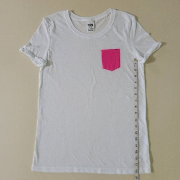 PINK Victoria's Secret White Crewneck Short Sleeve Tee Pink Chest Pocket - Picture 5 of 12